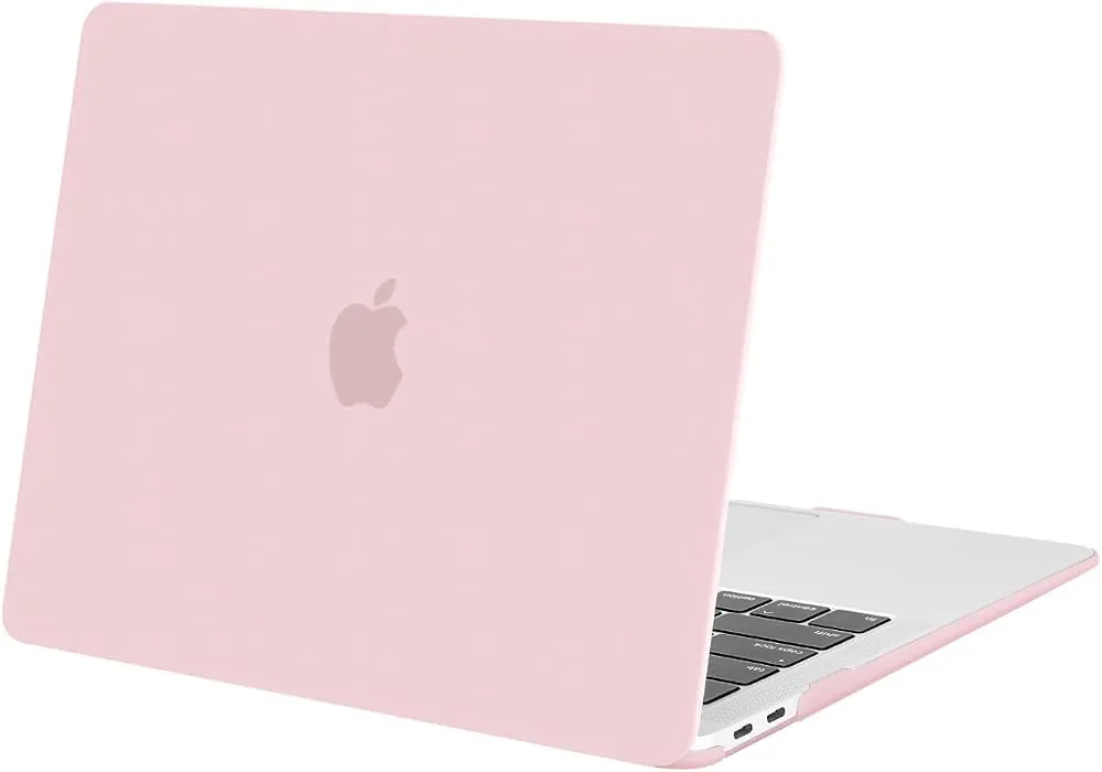 MacBook Air in a matte pink hard case
