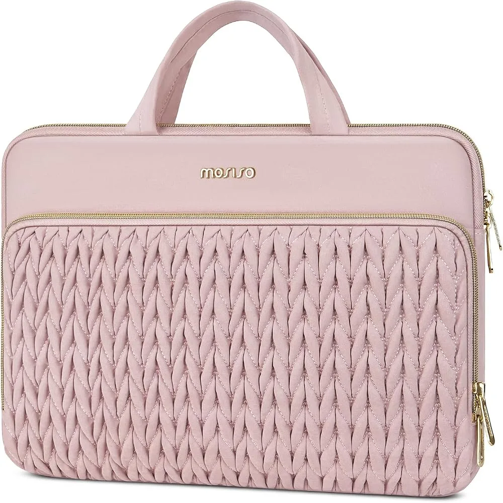 Quilted pink laptop sleeve with handles
